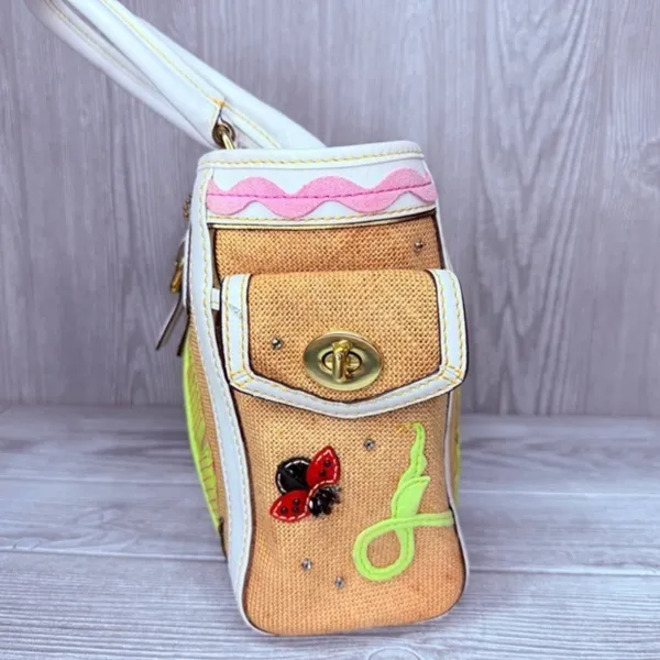 Vintage rare Coach Straw ladybug leaf tote bag purse rhinestone handbag summer - Image 8
