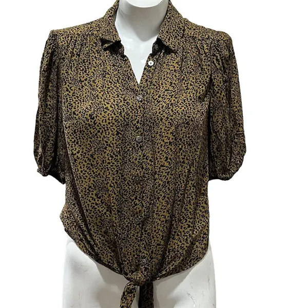 Free People Celia Leopard Print Tie-Front Blouse Brown Size Small Short Sleeve - Image 3