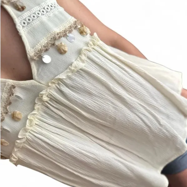 Boutique Sleeveless Embroidered Boho Blouse With Embellished Rope & Eyelet Details. - Image 2