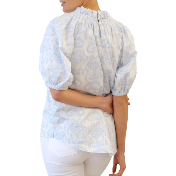Toss Designs Cotton Puff Sleeve White/Blue Print Blouse Top One Size - Image 2