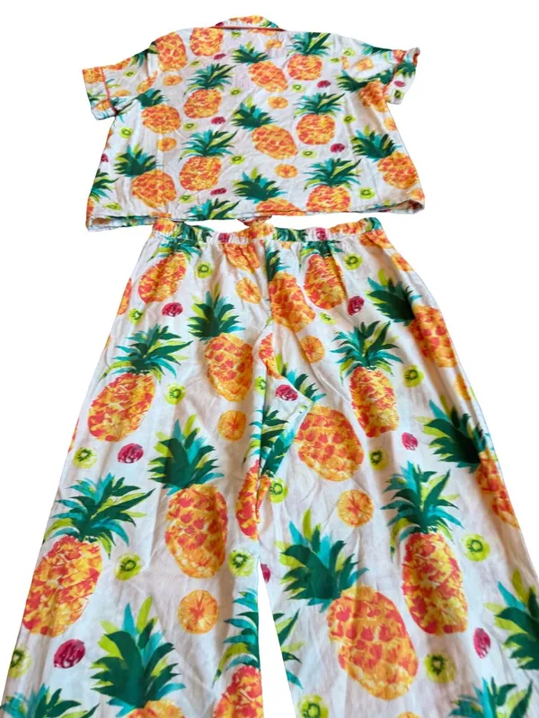 Sleep Sense Ivory Tropical Pineapple Print Pajama Set Shirt Pants Small Women's - Image 8