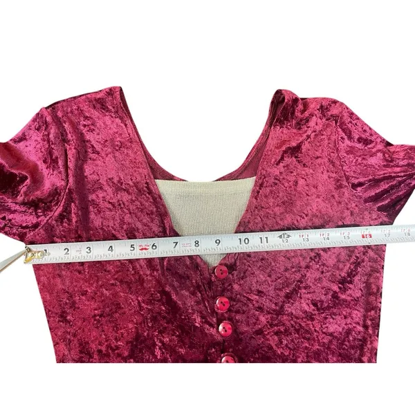 Crushed Velvet Maxi Dress Burgundy Deep VNeck Button Front Gold Sparkle Lining S - Image 8
