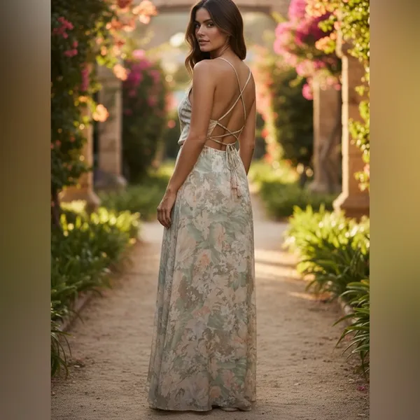 Romantic Floral Open Back Maxi Dress Peach Green Cream NWT M - Image 15