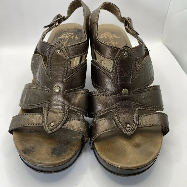 Dansko Nina Sandals Womens 38/7 Heels Brown Leather Floral Strappy‎ Platform - Image 2