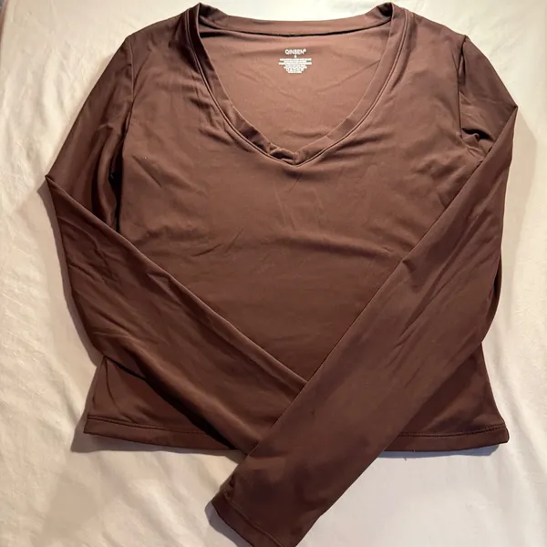 QINSEN Womens Brown Long Sleeve V-Neck Stretchy Fitted Top Size S - Image 3