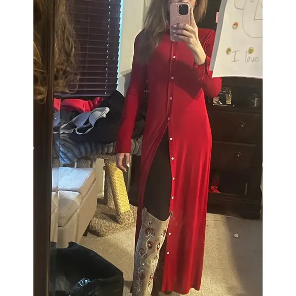 Polo Ralph Lauren Red Midi Shirt Dress MEDIUM Duster Preppy Jersey Designer $300 - Image 7