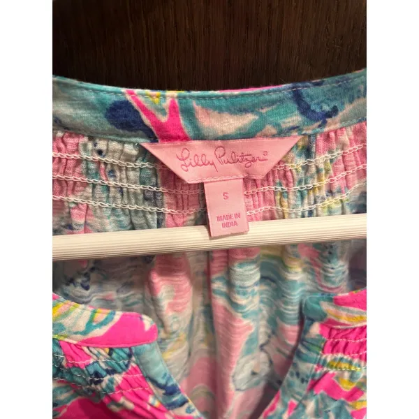 Lilly Pulitzer Essie‎ Tank Top - Gold Buttons - Pink Blue Hibiscus Flower small - Image 3