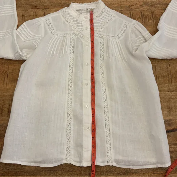 The Shirt Rochelle Behrens Priya Shirt XS White Linen Top Victorian Prairie Lace - Image 13