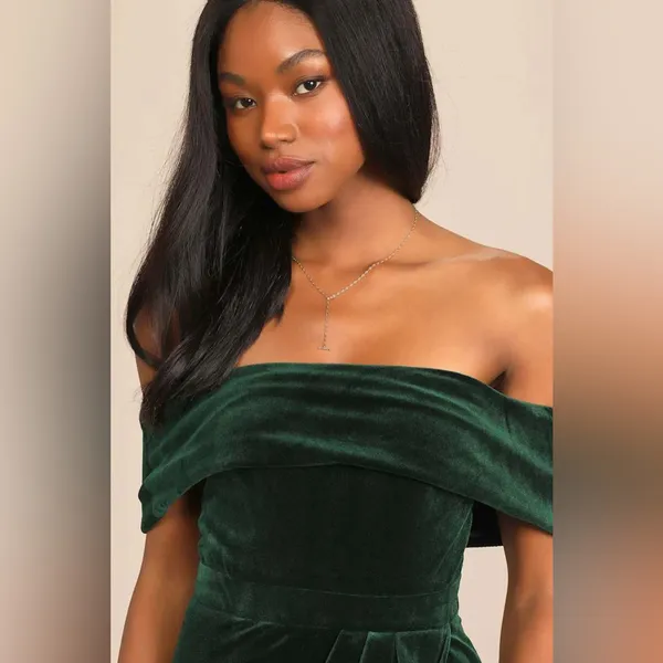 Lulus I'm Enchanted Emerald Green Velvet Off-the-Shoulder Maxi Dress - Image 3
