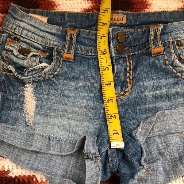 Y2K 2000s Micro Mini Baddie Low Rise Denim Jean Shorts Bedazzled Khaki Brown Stitching Ripped Distressing Cuffed Hem-Size 29 #wings #gothic #whimsygoth #cross #angel cyber punk biker - Image 6