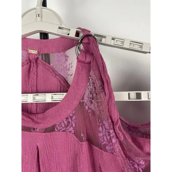 Free People Purple Pink Cold Shoulder‎ Floral Lace Sleeve Gauze Mini Dress - Image 2
