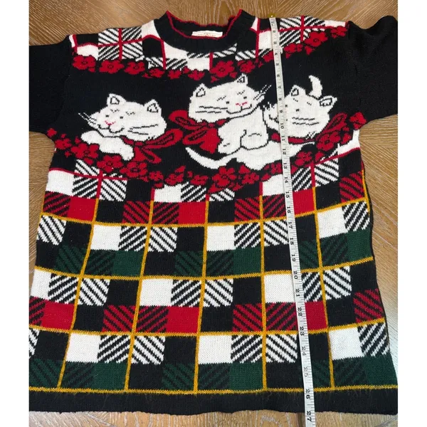 Vintage Dana Scott Christmas Cat Plaid Knit Sweater Holiday Black Red Size Small - Image 7