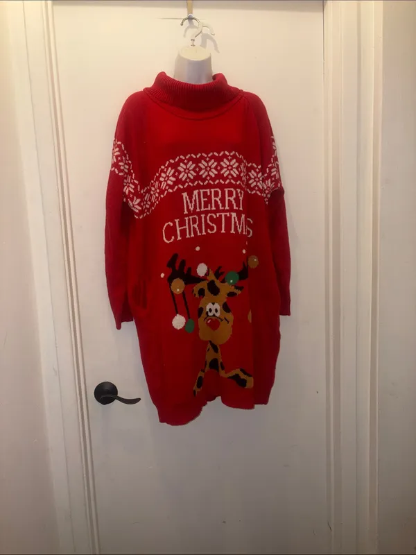 Red Long-Sleeve Holiday Sweater Dress - 'Merry Christmas' XL - Image 2