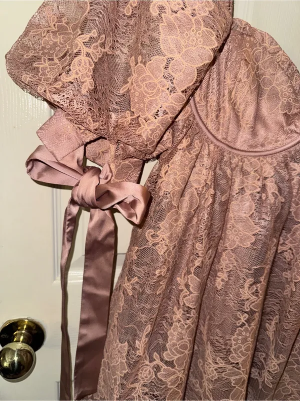 For Love & Lemons Size L Mauve Lace Puff Sleeve Mini Dress Satin Bow Ties - Image 7