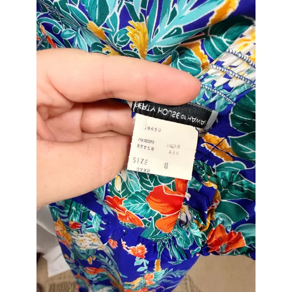 Vintage Liberty House of Hawaii Blue Floral Tropical Ruffle Satin Midi Sundress - Image 8