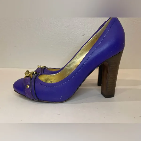 Coach Desaree Purple Bock‎ Heel Pumps Gold Hook Buckle Accent Heels Size 6 B - Image 2