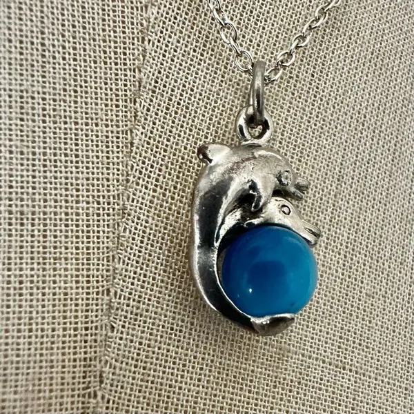 Vintage Dolphin Pendant Necklace with Blue Glass Orb - Image 5