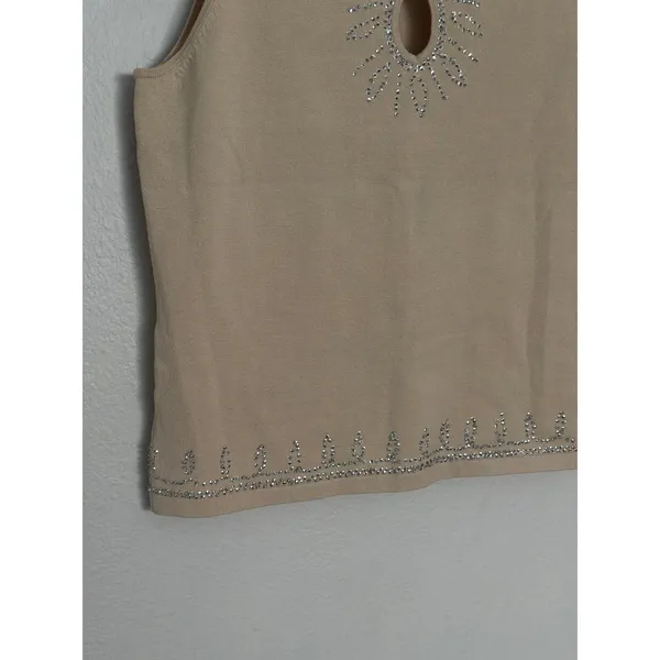 Vintage Silk Keyhole Stretch Knit Rhinestone Y2K Tank Top Beige Silver Boho Chic - Image 3