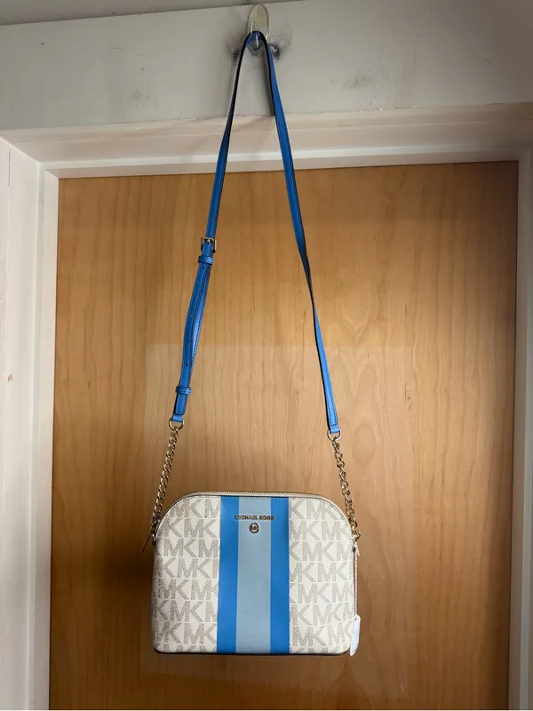 Michael Kors Blue Stripe MK Logo Crossbody Bag Gold Chain Strap - Image 3