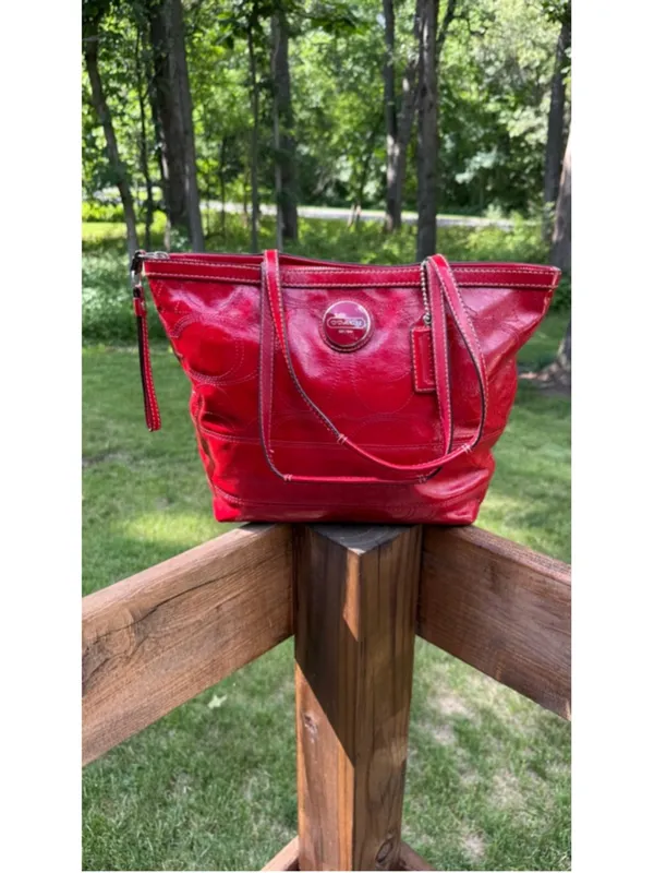 Coach Y2K Signature Patent Leather Tote Persimmon Red F15142 - Image 2