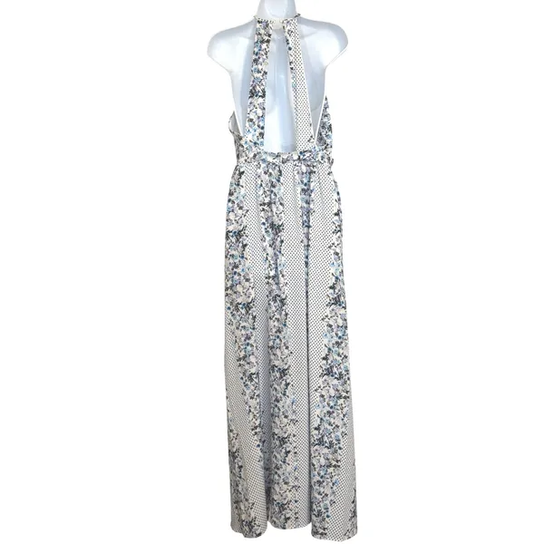 BANJUL Floral‎ Polka Dot Halter Wide Leg Jumpsuit Blue White Tie Waist NWOT M - Image 5