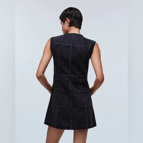 Madewell Denim Cap-Sleeve‎ Mini Dress in Tarrybrook Wash Black V-Neck NWT Size 4 - Image 2