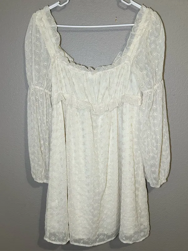 Storia Neutral Sheer V Neck Long Sleeve Cottagecore Mini Dress Women’s Medium - Image 4