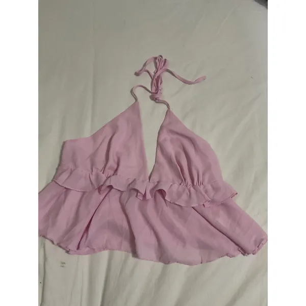 UUE Pink Halter Babydoll Top Open Back Flowy Ruffle Blouse Size XL - Image 2