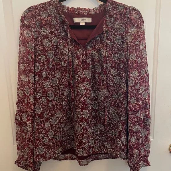 Loft Womens Burgundy Floral Clip Dot Ruffle Sleeve Tie Neck Blouse Size M - Image 2