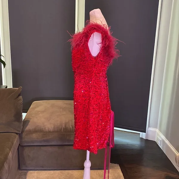Women’s Pink Short Feather & Sequin One Shoulder Prom Party Dress Size 14 *READ - Image 8