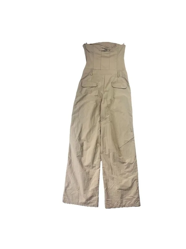 Zara Strapless Jumpsuit Off The Shoulder Wide Leg Khaki Size S Blogger Fav New - Image 4