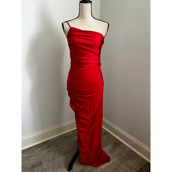 Lulus One Shoulder Maxi Dress Red Satin Asymmetrical Hem sz Small Party Wedding - Image 2