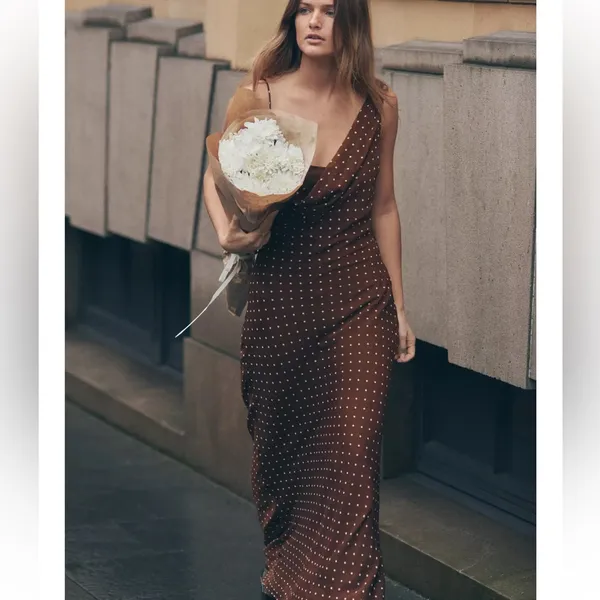 Zara NWT brown polka dot asymmetrical cowl draped detail midi maxi dress - Image 4
