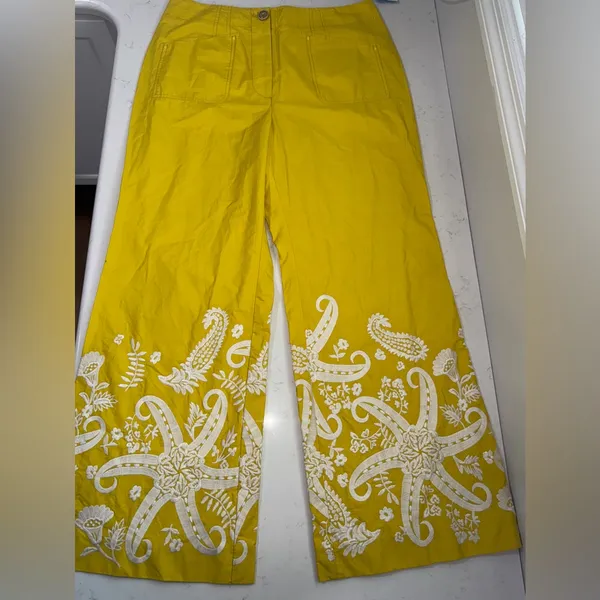 Anthropologie Yellow Wide Leg Pants with White Paisley - Image 6