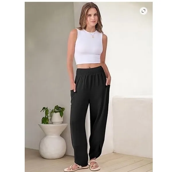 NWT ~ Women's Black Summer Casual Wide Leg Split Hem Palazzo Pants ~ Ladies MED - Image 3