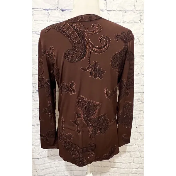 Elementz Brown Tie Waist Long Sleeve Brown Top Textured Stretch Size Large - Image 4