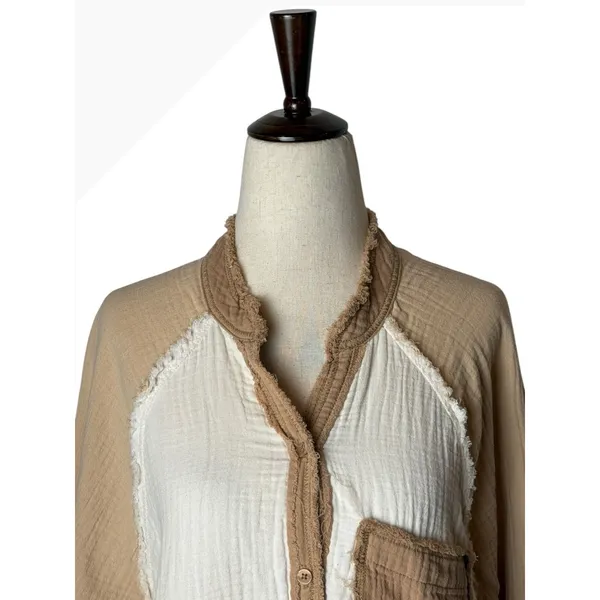 Aerie Gauzy Coverup Shirt Women‎ XS Tan Ivory Colorblock Cotton Oversized - Image 4