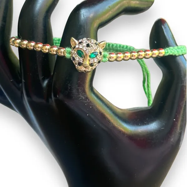 Jeweled Jaguar Macrame Bead Bolo Bracelet Green - Image 3