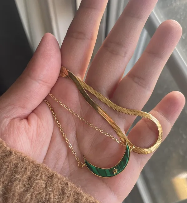 Real malachite Stone Pendant, 2 Way To Wear Moon Shape Pendant Gold - Image 3