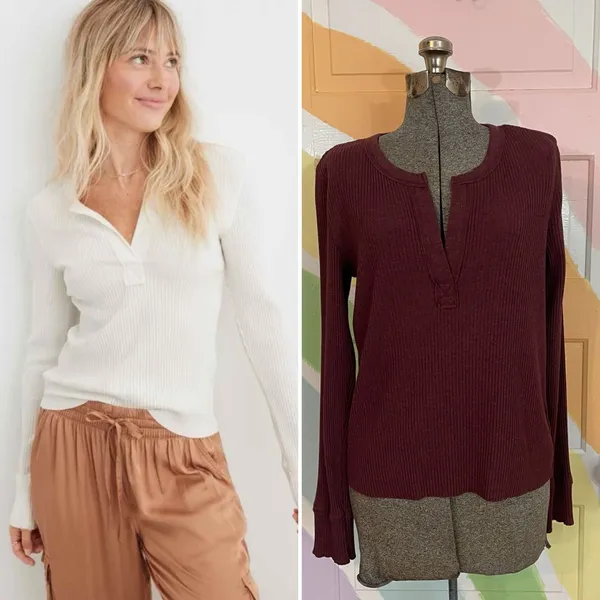 Aerie Fireside Long Sleeve Henley T-Shirt Ribbed Top in Maroon Sz XL 💕🎀 - Image 2