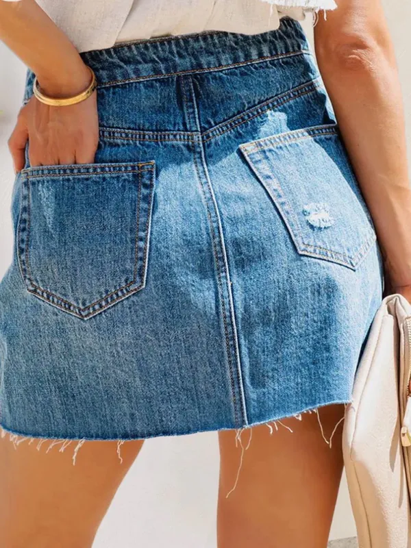We The Free Blue Denim Distressed Button-Front Mini Skirt Coastal Cowgirl 26 - Image 5