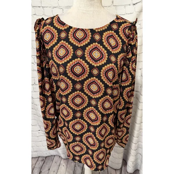 Ann Taylor LOFT Medallion Ruffle Shoulder Bar Back Blouse Long Sleeve Top Large - Image 3
