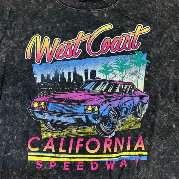 Social Culture‎ West Coast California Speedway Graphic T Shirt Black Acid Wash L - Image 2