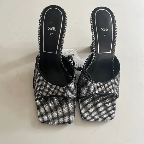 Zara Silver Sparkly Peep Toe Heeled Mules Glitter Shoes EU 37 NWT - Image 2