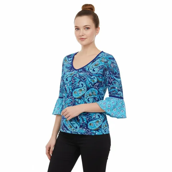 Vera Bradley Blue Daisy Paisley Kelsey Bell Sleeves Flutter Top, M SRP: $60 - Image 4