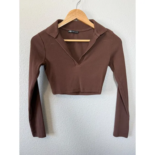 ZARA Brown Ribbed‎ Collared Long Sleeve Crop Top Shirt Women Size S - Image 2