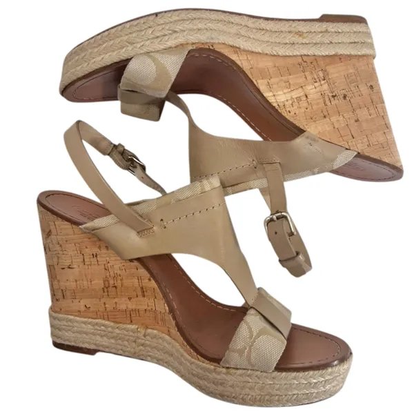 Coach Khaki Leather Signature Canvas Mendez Cork Wedges Sandals - Image 8