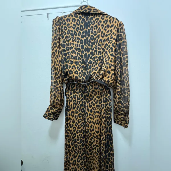 Zara Black and Brown Leopard Shirt Midi Dress Belted Large - Image 5