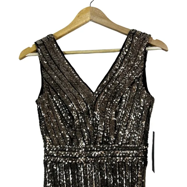 NWT Lulus Sequin Striped Mini Dress Gold V-Neck Glam Open Back Size XS - Image 2
