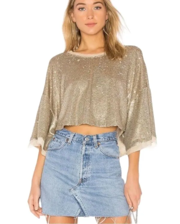Free People Champagne Dreams Mini Sequin Dolman Sleeve Top XS - Image 3